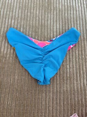 Bright Blue Ruched Bikini Bottom with Pink Floral Accent Reversible
